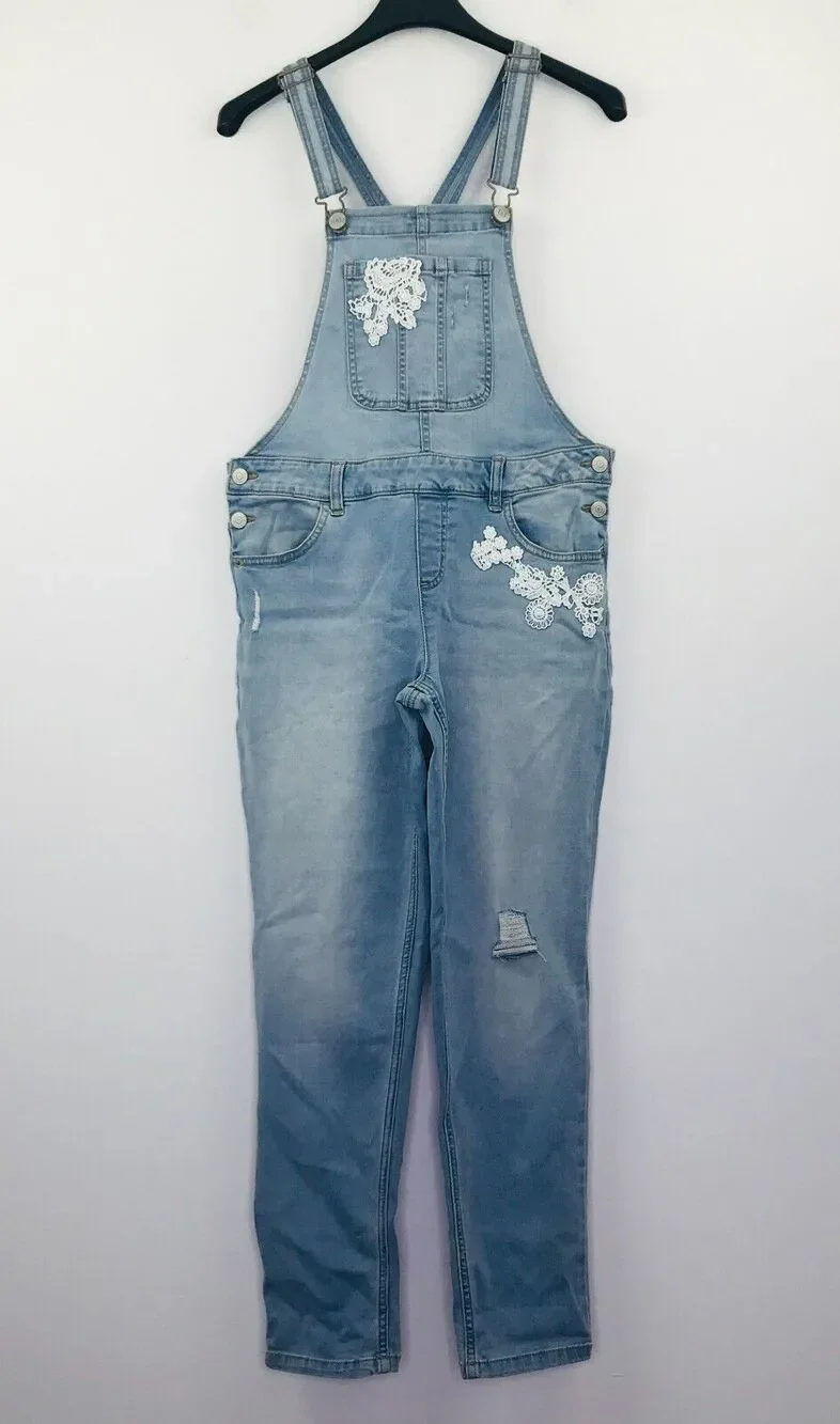 Justice Girl's 14 Plus Overalls Blue Light Wash Denim Lace Embroidered L